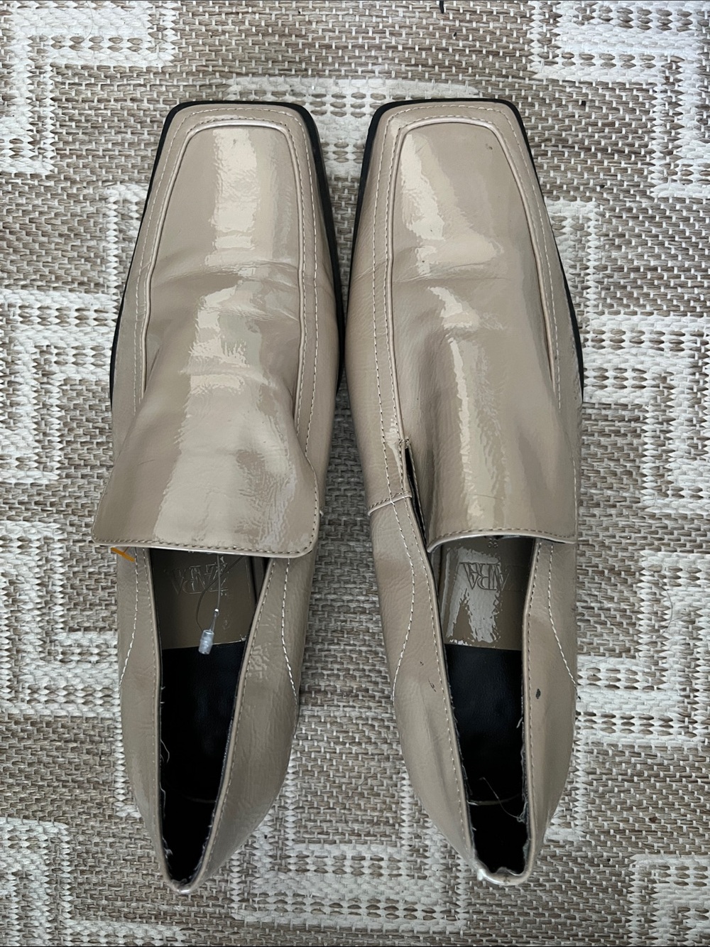 Zara Beige Patent Leather Square-Toe Loafers